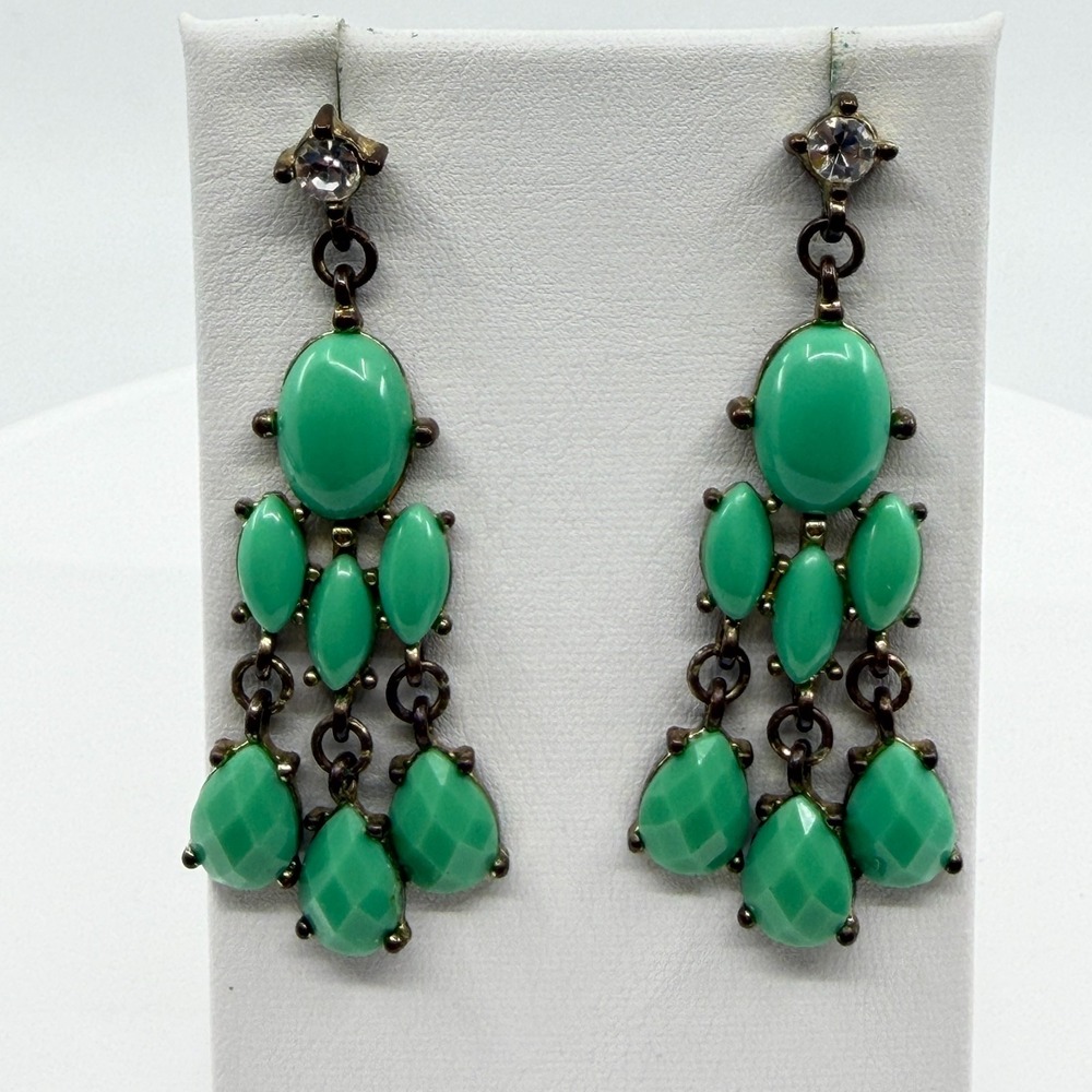 Vintage Mint Green Chandelier Earrings with Crystal Accents - Statement